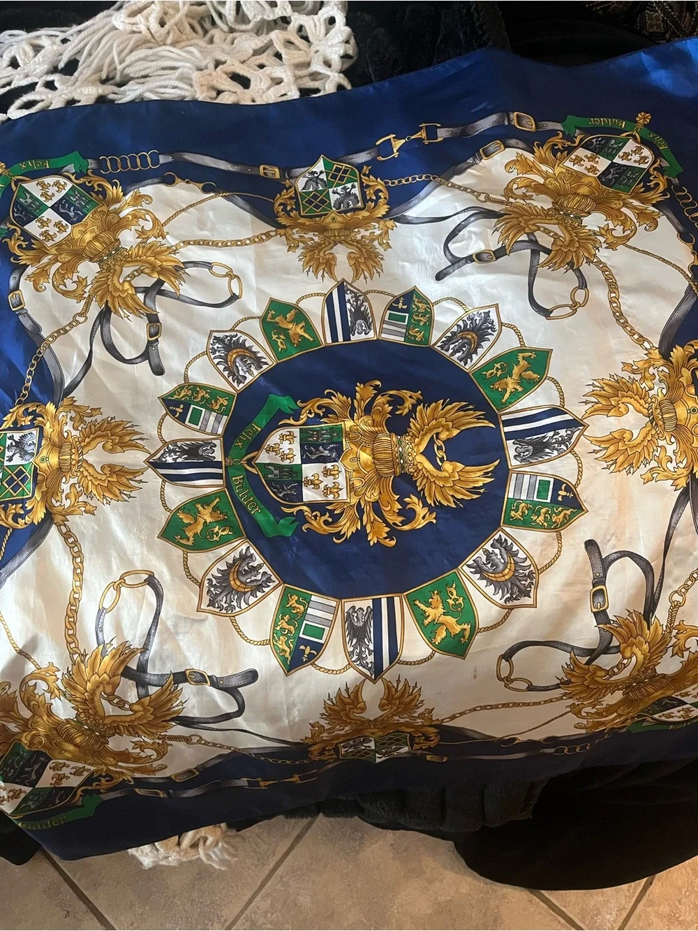 Navy & Green Heraldic Decorative Crested Scarf. Hand rolled edges.